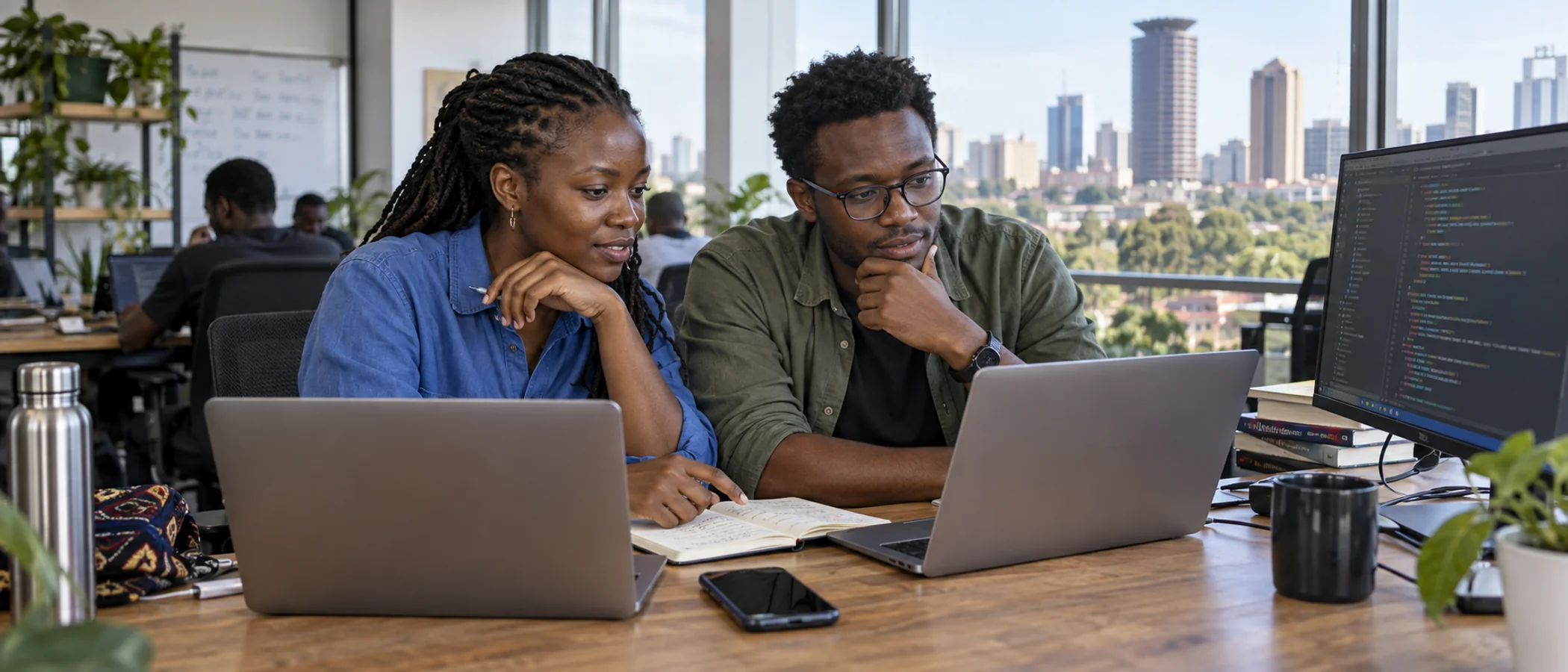 Two Kenyan open-source contributors reviewing code together