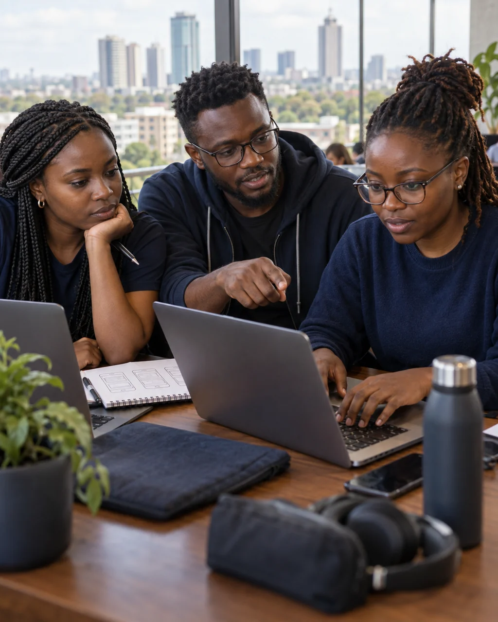 Three Kenyan developers collaborating on a project at a Nairobi hackathon