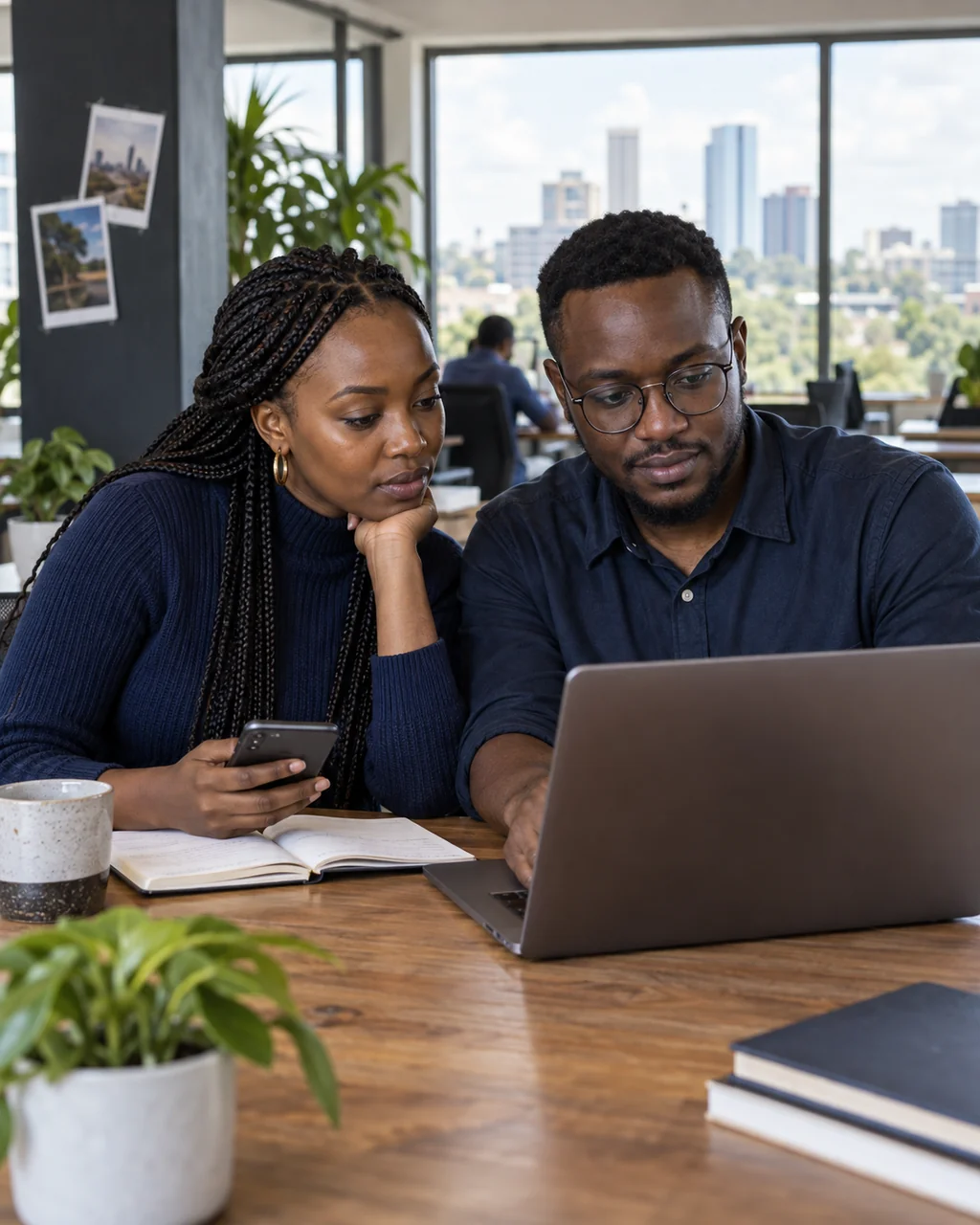 Kenyan hackathon organizers planning a challenge together at a laptop