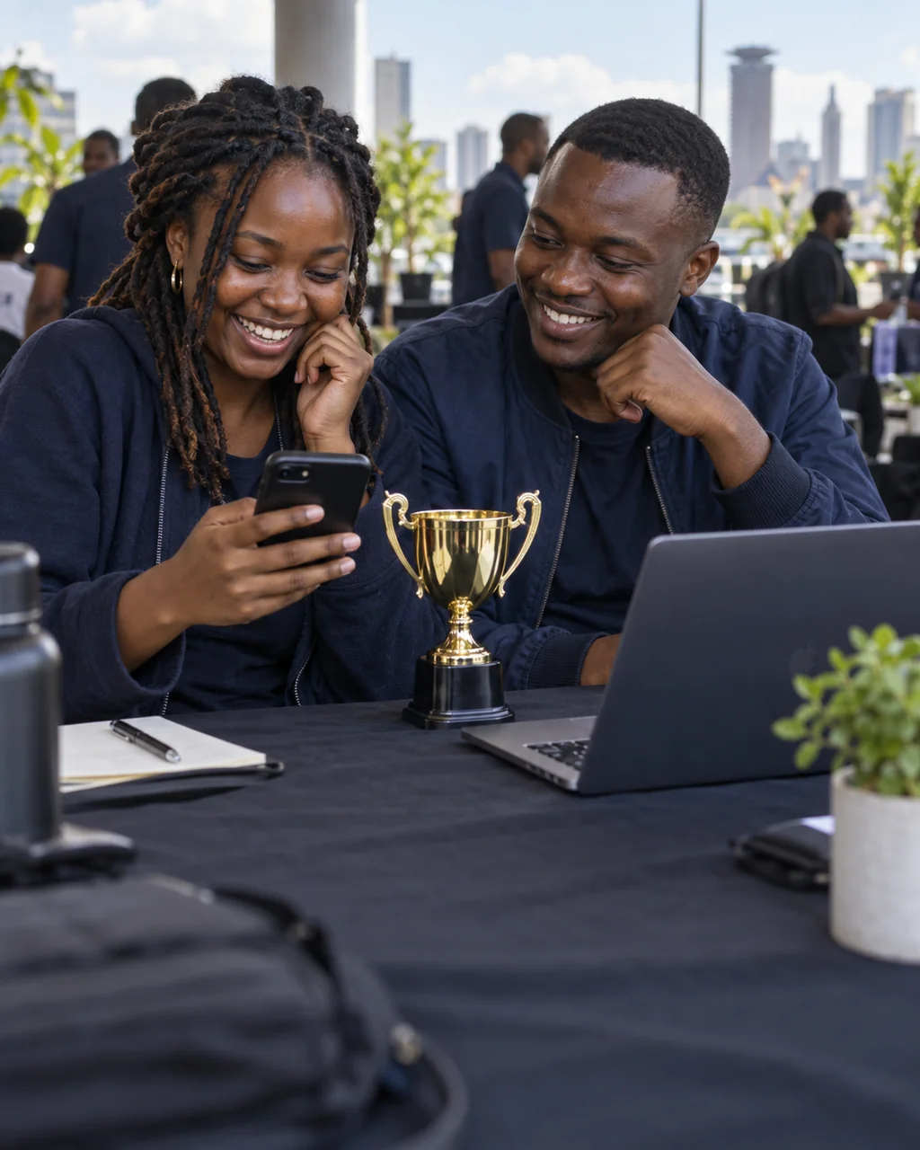 Two Kenyan hackathon winners checking their prize payout beside a trophy